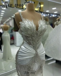 Crystals Strapes White Cockail Dress Arabic Luxury Leaf Design Prom Party Gowns Mermaid Bridal Gowns Customize Modern Dresses