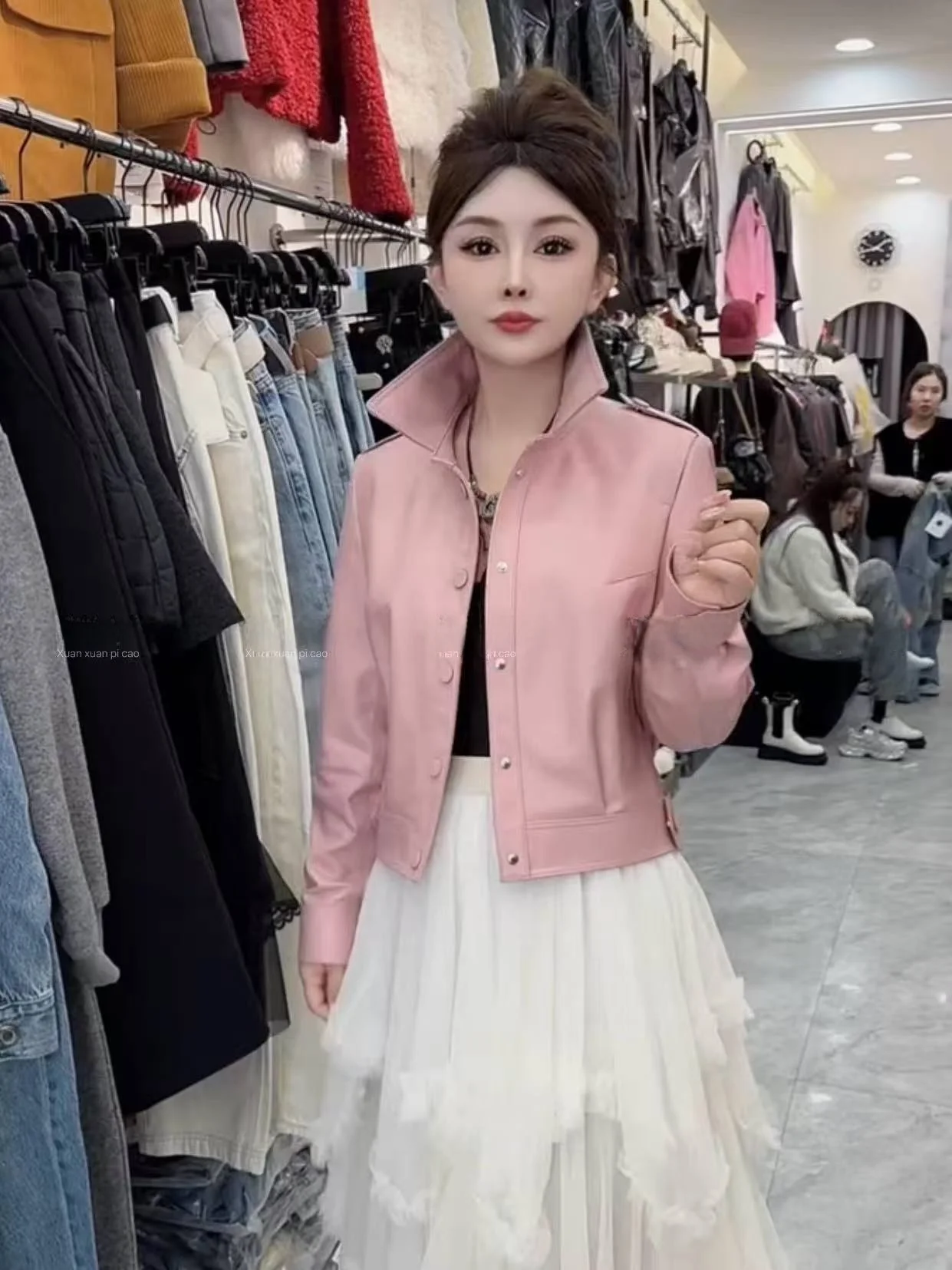 

Spring 2026 Early Vintage Hong Kong Sle Loose Motorcycle Genuine Leather Jaet Women's Stand Collar Leather Coat