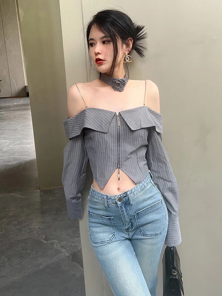 

Женская летняя повседневная шикарная блузка с открытыми плечами и полосатым узором, свободного кроя, укороченная, с длинными рукавами