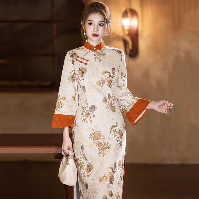 

Yourqipao Winter Beige Improved Cheongsam Fleece-Lined Thickened Retro Qipao Traditional Chinese Style Evening Dress for Women