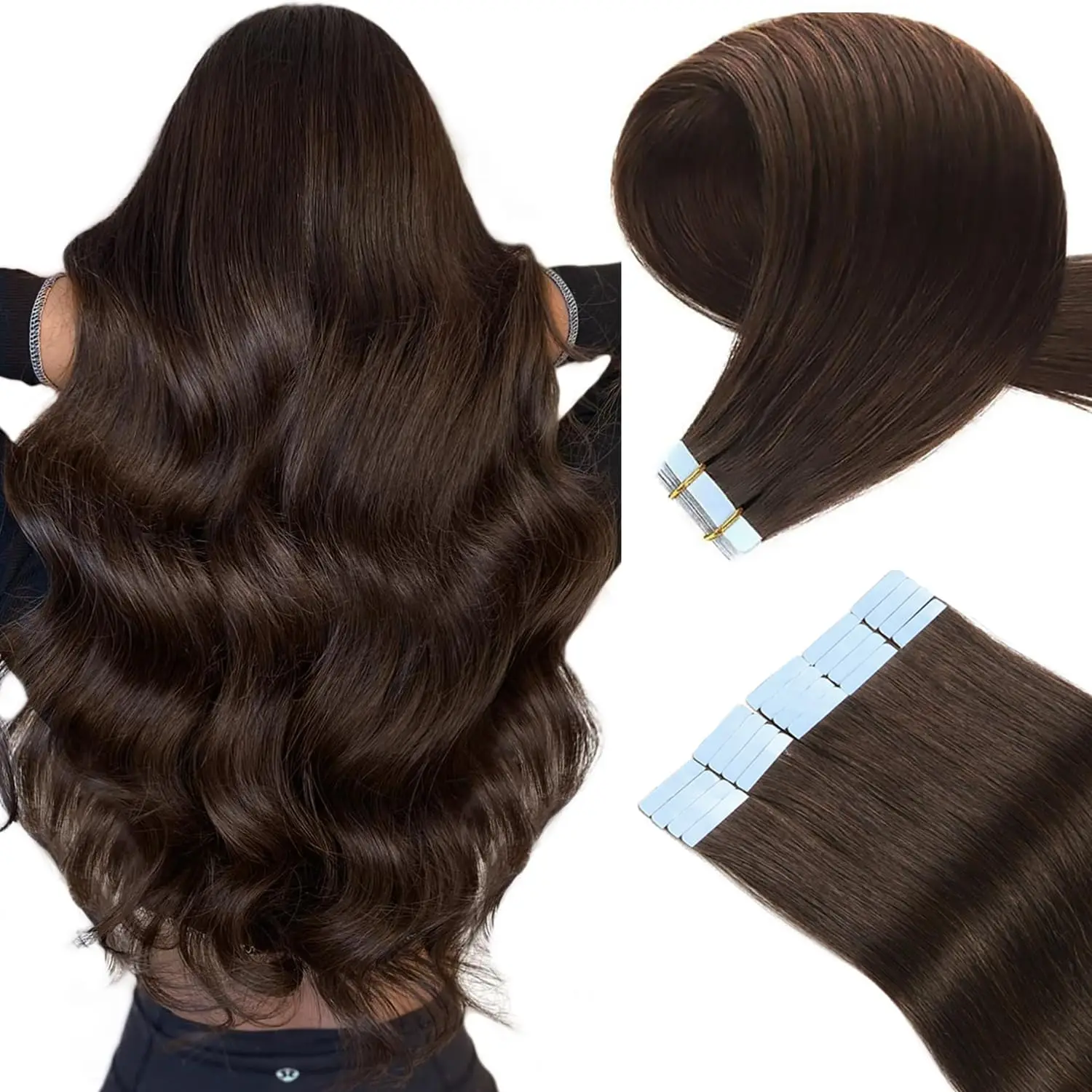 Tape in Hair Extensions Human Hair 100% Remy Hair 20pcs 50g/Pack Straight Seamless Invisible Skin Weft Extensions #2 Dark Brown