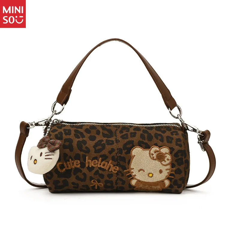 Miniso 2025 Fall Winter Hello Kitty Leopard Print Handbag, Cute Retro Crossbody Purse