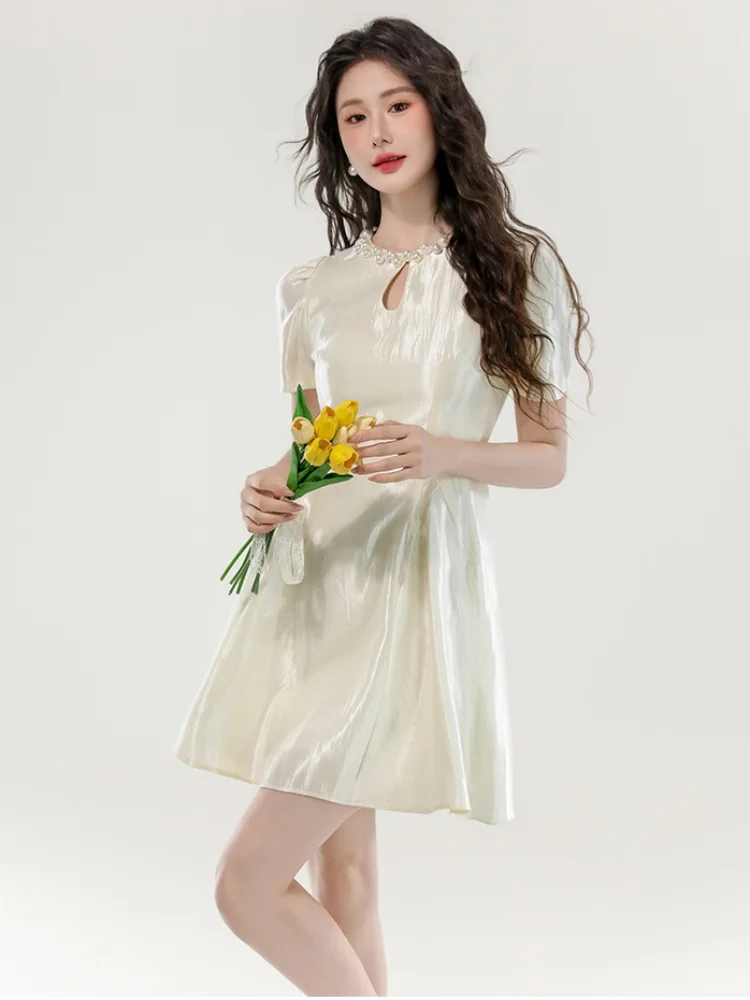 

SMTHMA High End Runway Summer Dress For Women's Socialite Slimming Waist Designer Pearl O-Neck A-line Short Dresses