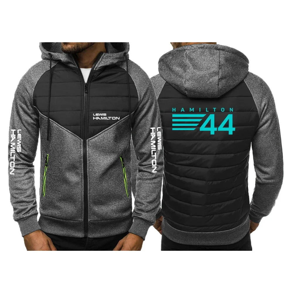 2025 F1 Driver Lewis Hamilton Digital 44 Logo Print Spring Autumn Men's Waterproof Warm Comfortable Hooded Zipper Cotton Jackets