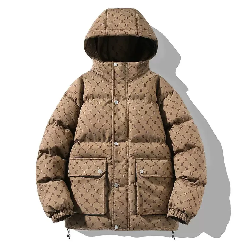 New Autumn and Winter Fashion Trendy Printed Thickened Warm Hooded Cotton Jacket Men's Casual Loose Sports Plus Size Coat