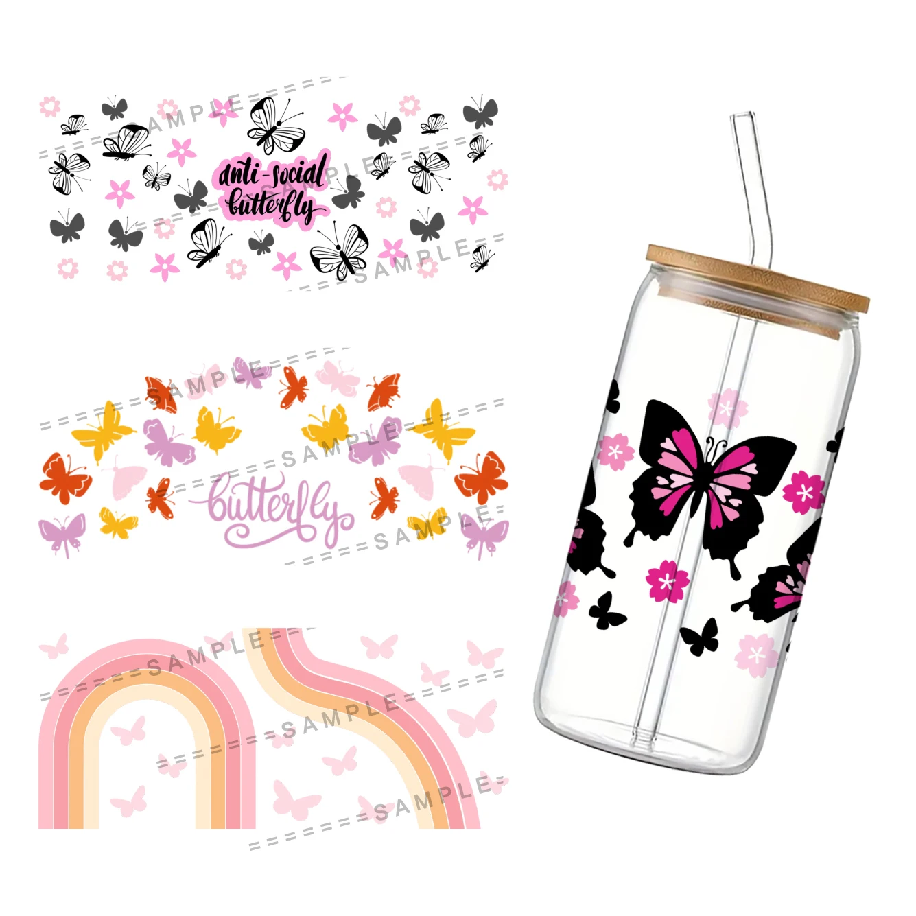 Dragonflies UV DTF Cup Wrap for 16Oz Libbey Butterfly Glass Can DIY Transfer Sticker