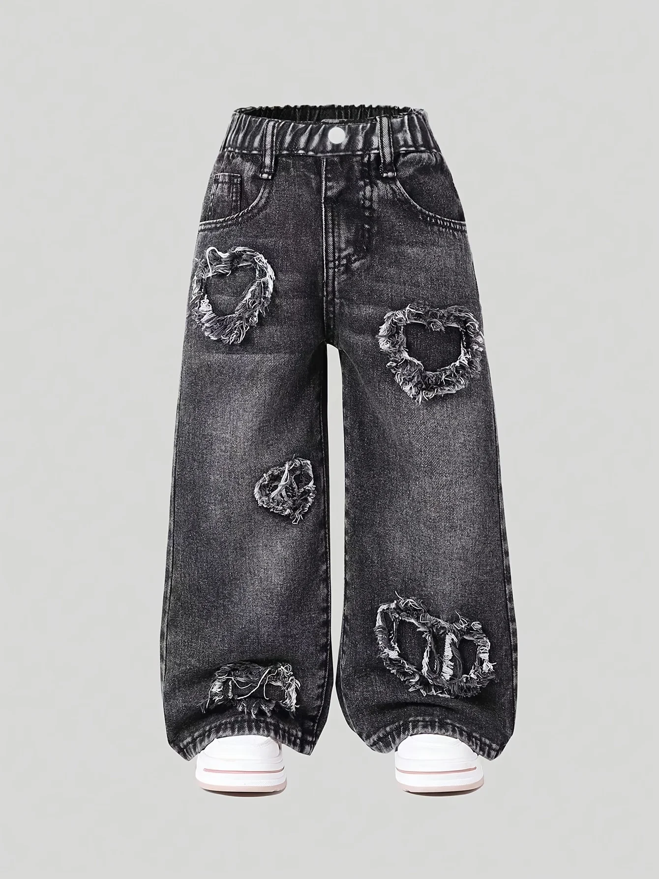 Girls' heart-shaped pattern patchwork American style fashionable street-appropriate black straight-leg jeans.