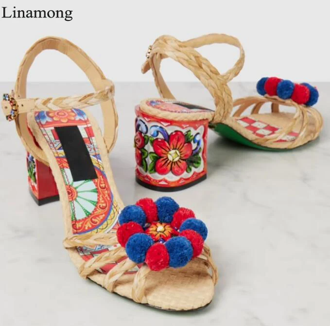 Bohemia Style Pompom Flower Floral Printing 6cm Chunky Heels Sandals Leather Braided Ankle Strap Summer Sandals view 2