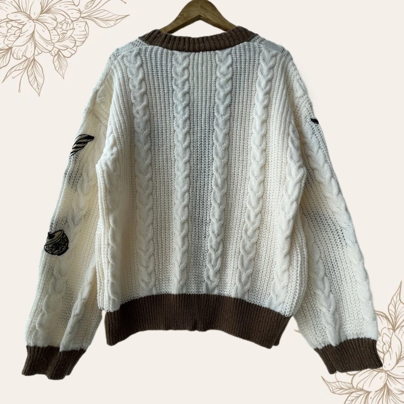 Size S-XL Autumn Loose Fitting Floral Embroidered Knitted Cardigan Women Cotton Handmade Sweaters Y2K Winter Beige Cardigans