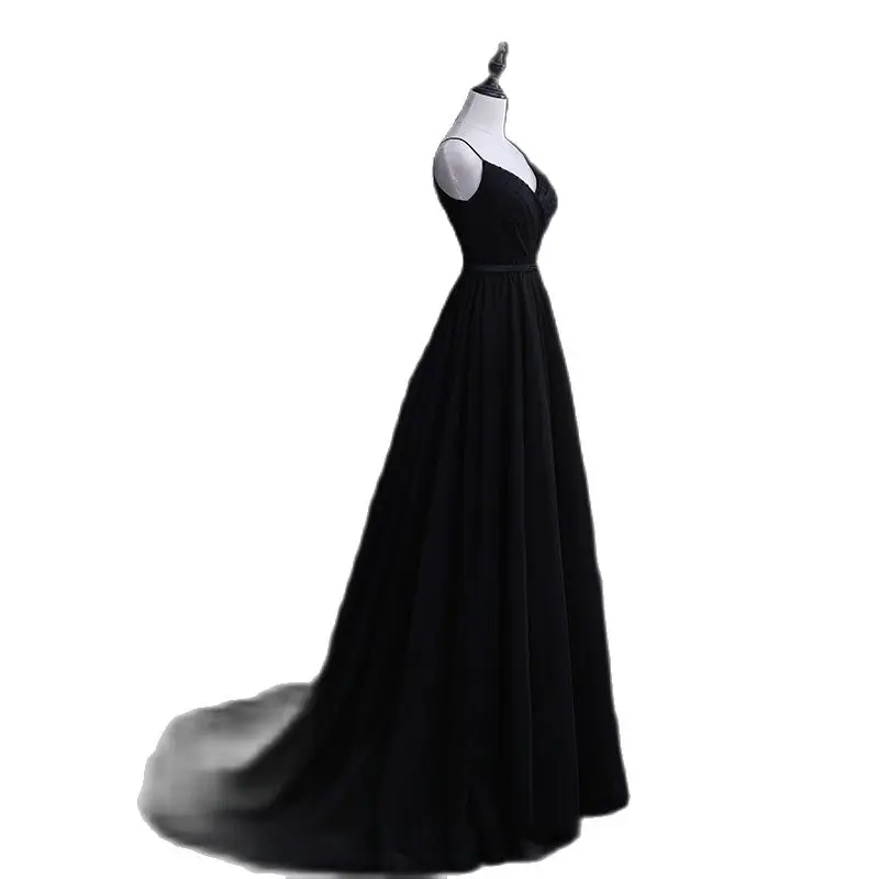 Sweet Memory S155 Long Black Evening Dress Fashion V-neck Open Back Strap Prom Cocktail Party Dress Sexy Banquet Mesh Tulle Gown