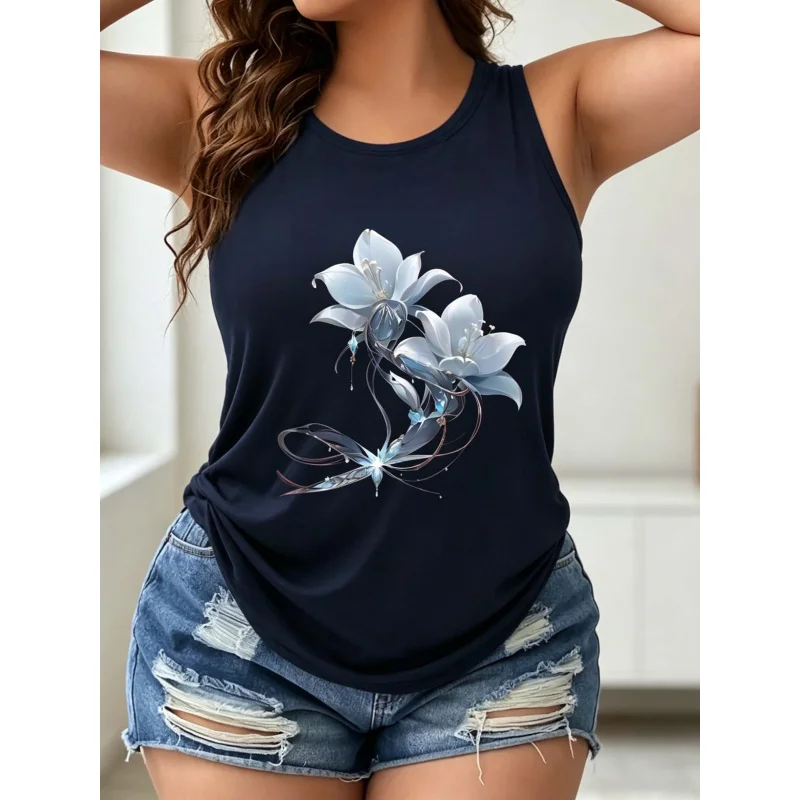 Women's Casual Floral Pattern Printed Large-Sized Fashionable Round-Neck Pullover, Suitable for Summer Comfort