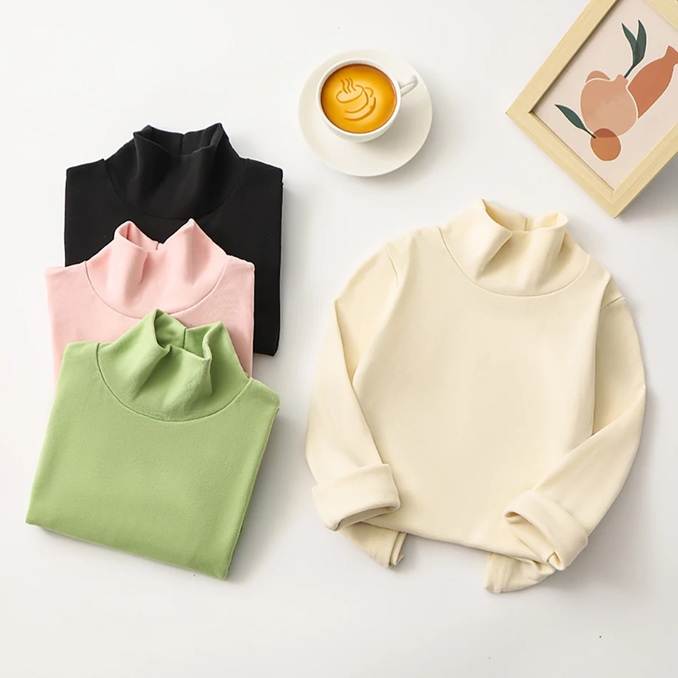 Eco Friendly Material Kids Long Sleeve T-Shirt with Half High Collar Unisex Solid Color Comfortable Wear Suitable Autumn Winter