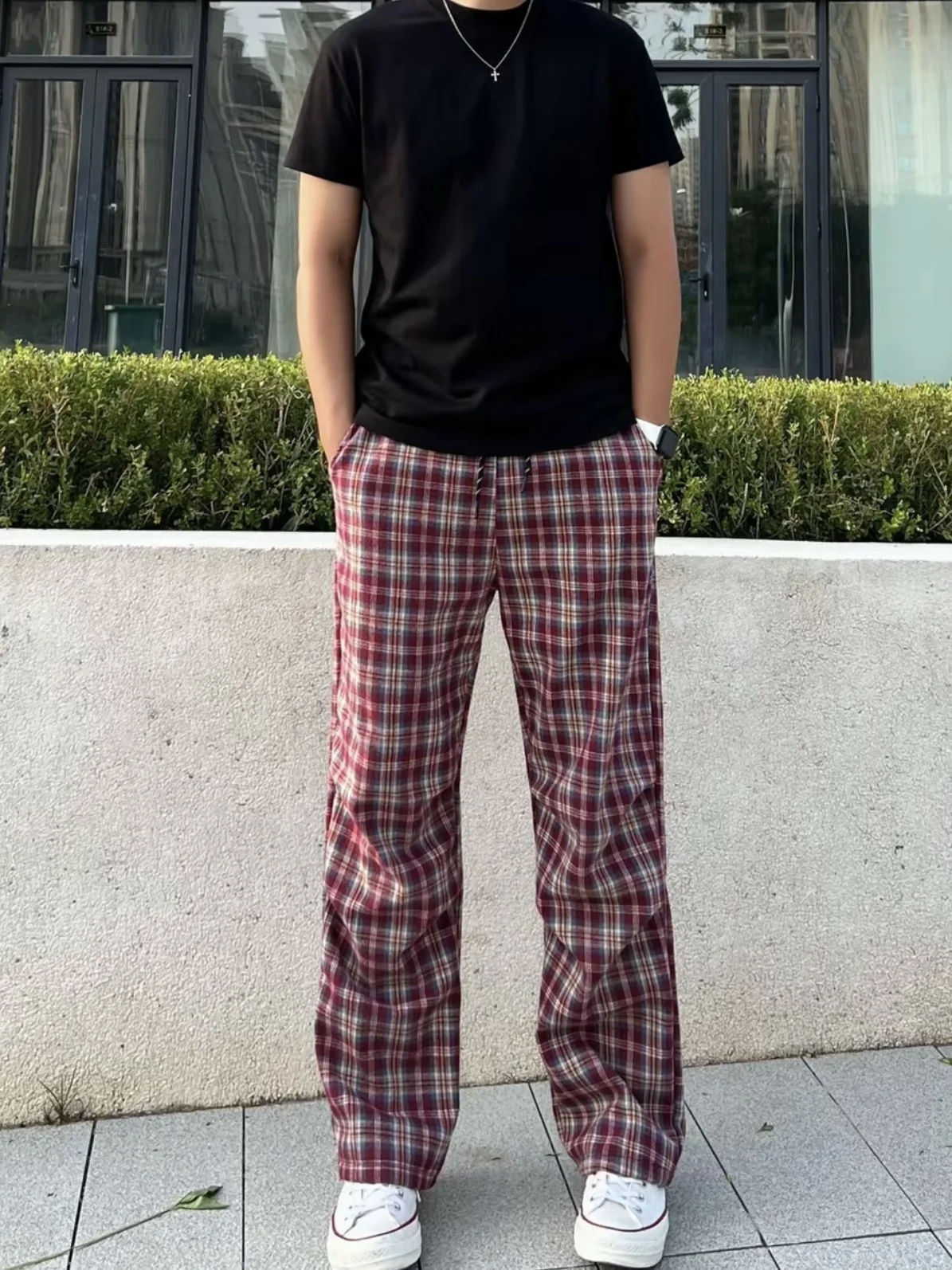 Americano retro xadrez calças de perna larga masculina casual solto em linha reta solto emagrecimento calças compridas dobrado jogo diário