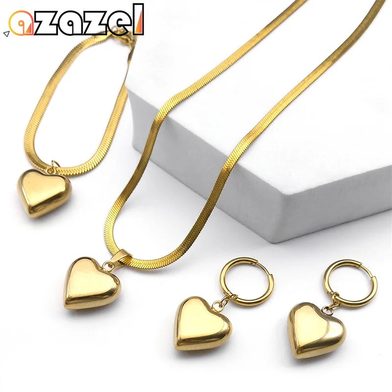 Stainless Steel Love Heart Wedding Jewelry Sets for Women Gold Color Bridal Accessory Set Hoop Earring Necklaces Bracelet Gifts