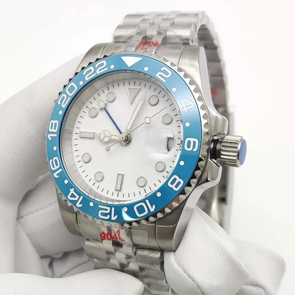 

Men Luxury PARNSRPE GMT Style Automatic Watch 316L Steel 40MM Case White Dial Blue Bezel Sapphire Lens Date Feature