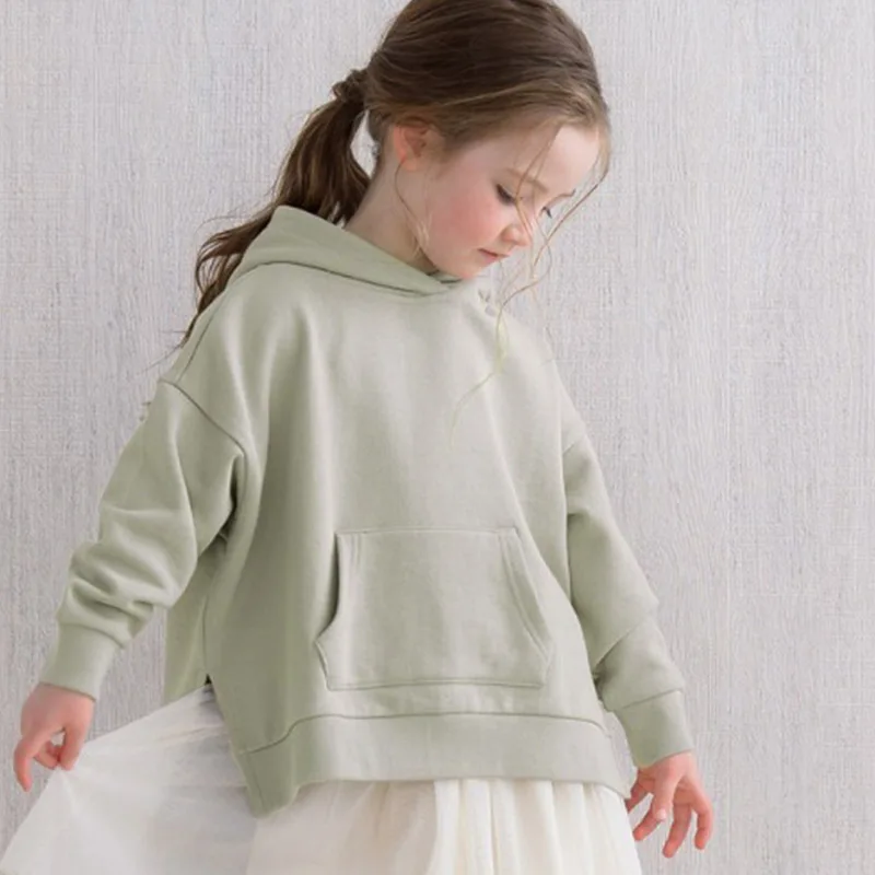 

Children's Cotton Long-Sleeved Hooded Pocket Sweatshirt 2024 Autumn Winter New Chic Irregular Hem Sweet Girls Pullover Tops