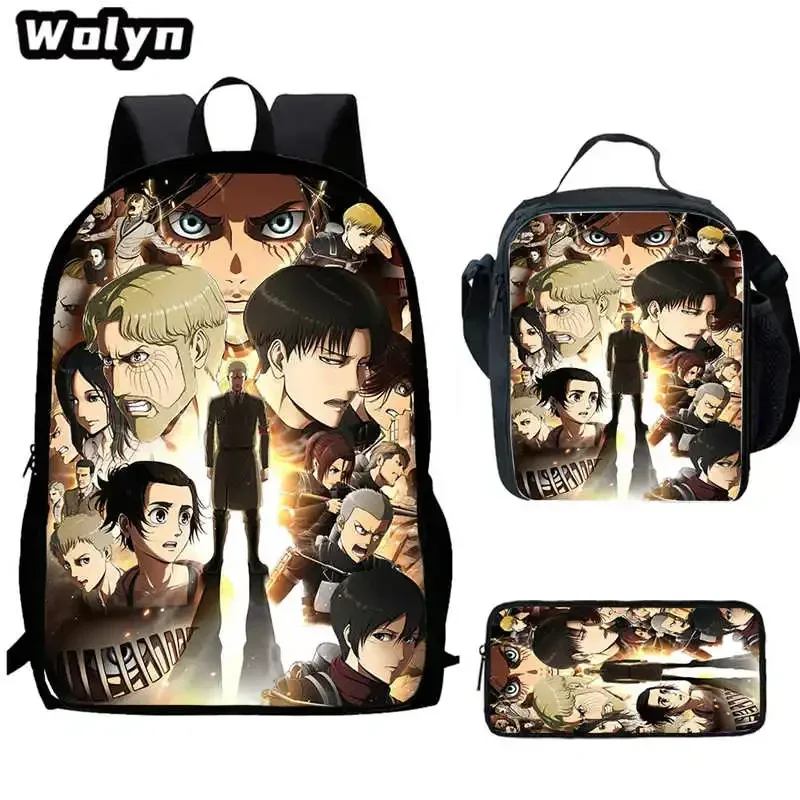 Cartoon Attack On Titan Child School Backpack With Lunch Bags Pencil Bags For Kindergarten,Best Gift For Boys and Girls