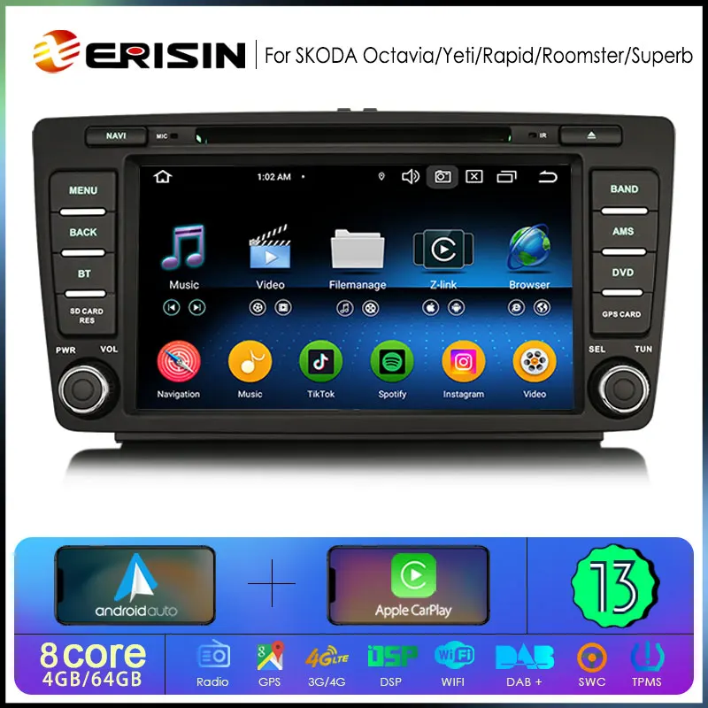 Erisin ES6726S 2 Din Android Auto GPS Car Radio Multimedia Stereo Carplay For Skoda Octavia Rapid Spaceback Roomster Superb Yeti