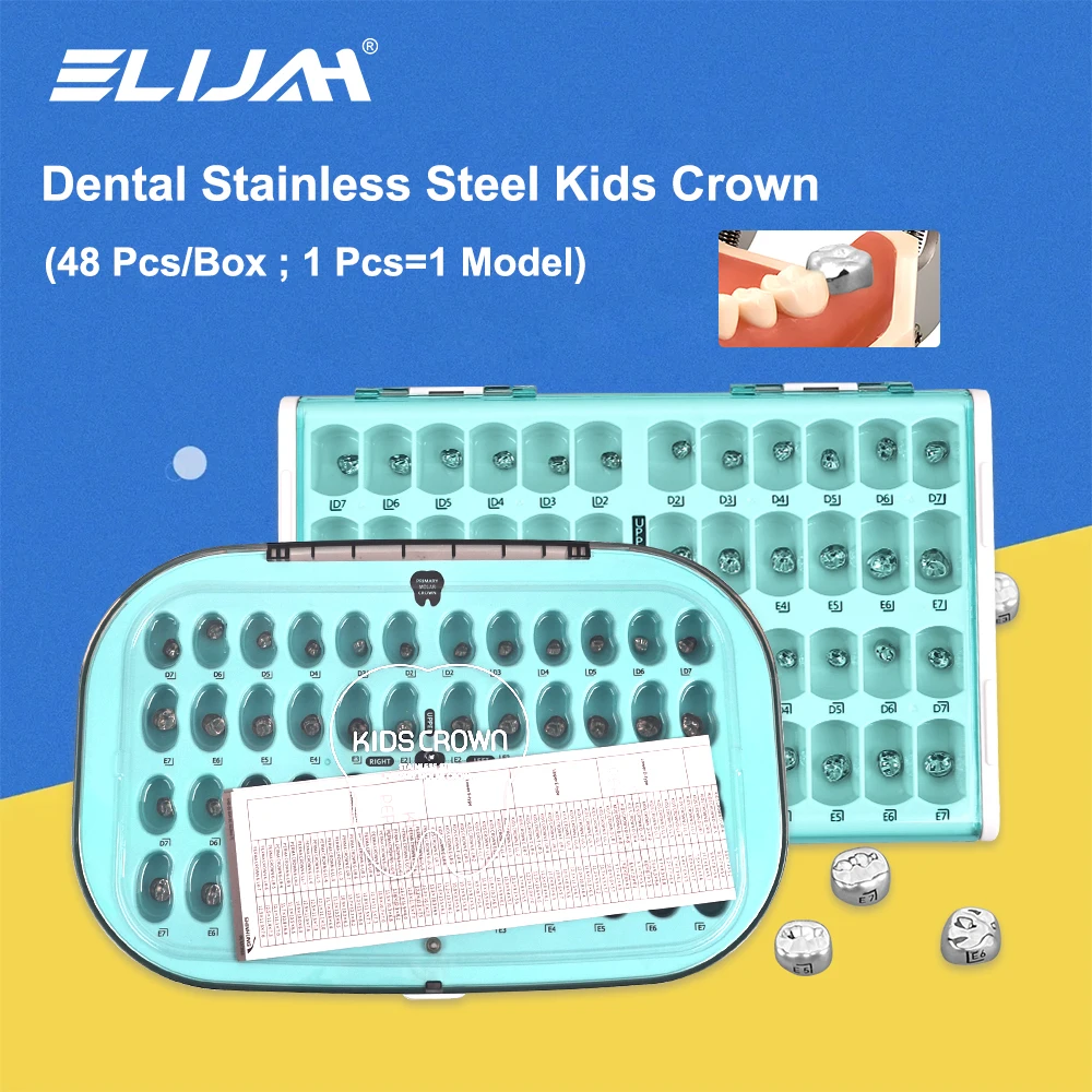 ELIJAH 48Pcs/Box Dental Kid Crowns Preformed Metal Crown Stainless Steel Pediatric Temporary Crowns Pedo Molar Crown Refill Kit