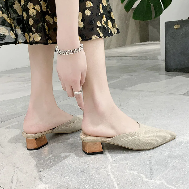 Spring/Summer Slippers Woven Mesh Mules Point-toe Slides Silid Mules Stretch Fabric 4CM Heel Chaussure Femme Outside Pantuflas