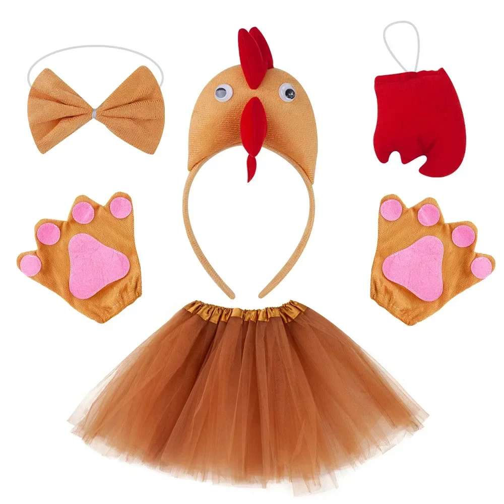 Party Girls Kids Chicken 3D Animal Costume Chick Headband Bowtie Tail Tutu Set Halloween Christmas Cosplay For 3- 8Years