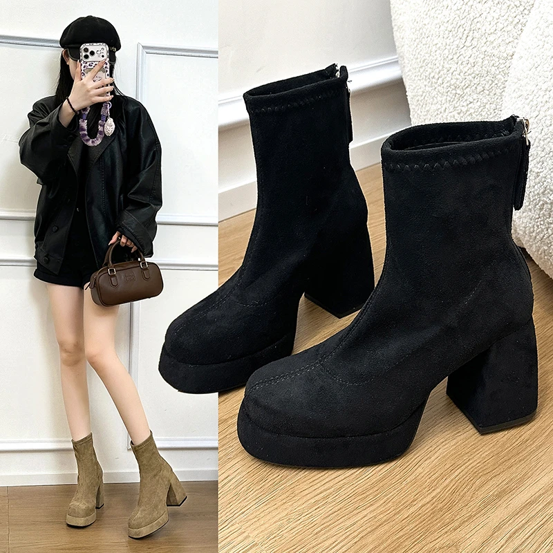 2026 Neue Herbst-Winter Retro Dicksohlige Hochhackige Damenstiefel mit Rückenreißverschluss Kurze Stiefel Modische Vielseitige Damenschuhe – Detail 5