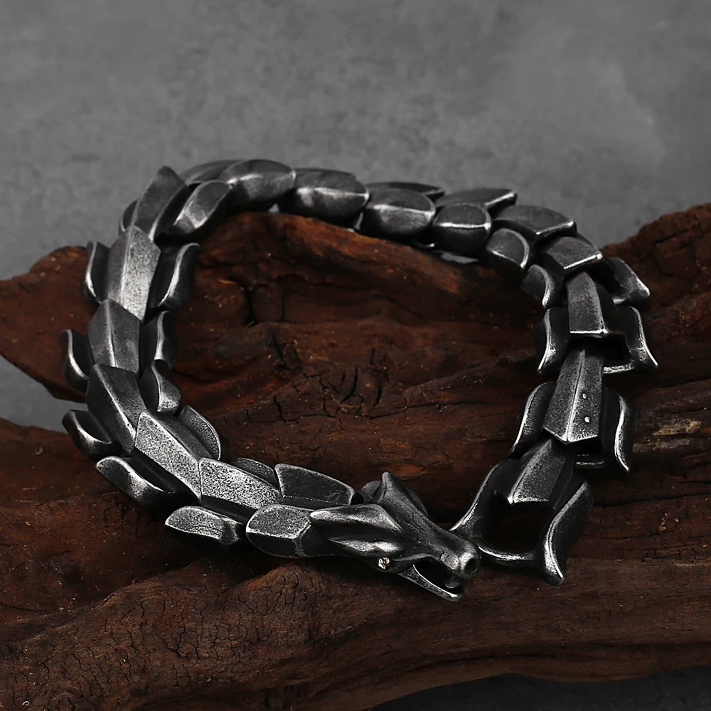 Pulseira viking vintage para homens, aço inoxidável, pulseira dragão nórdico, amuleto de Odin, motociclista de moda, joias Ouroboros