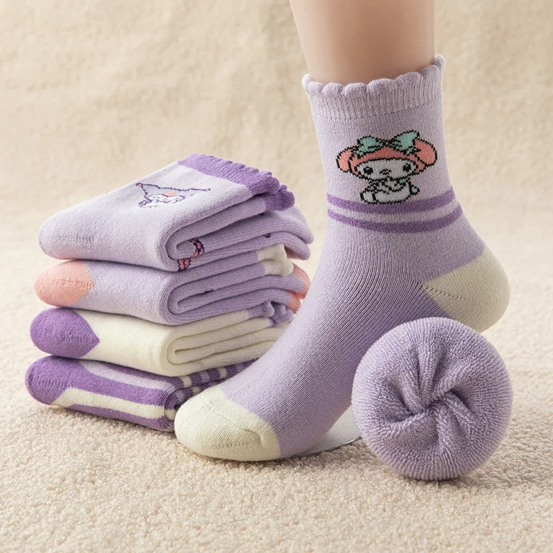 

Sanrio Kuromi 5 pairs thickened terry socks winter cartoon mid-calf small big children warm baby towel socks