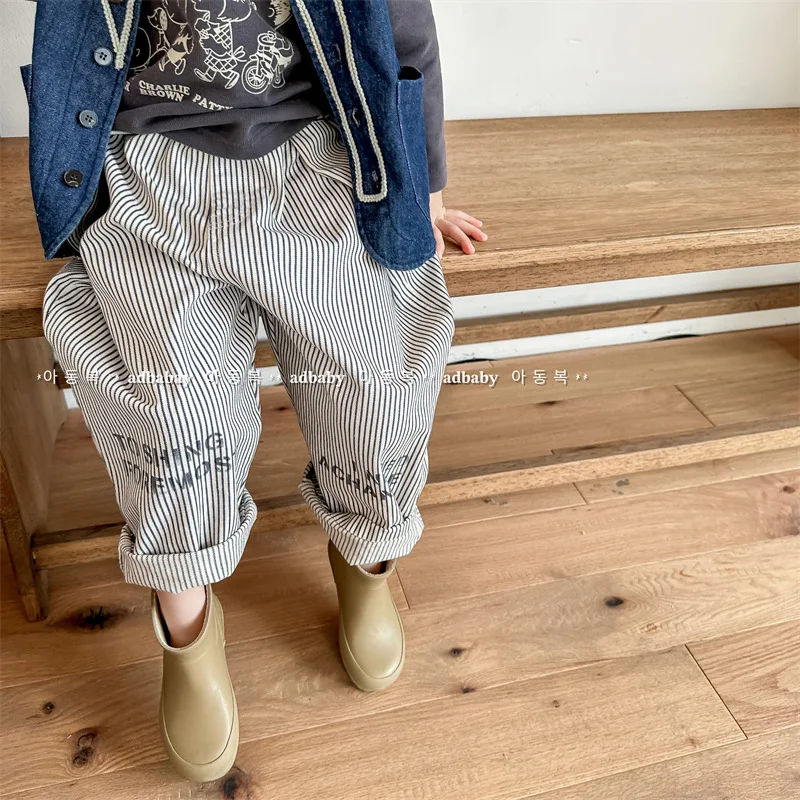 

Kid Pant 2024 Autumn Children New Children Korean Style Harlan Pants Cargo Pants Boys and Girls Casual Striped Cotton Pants