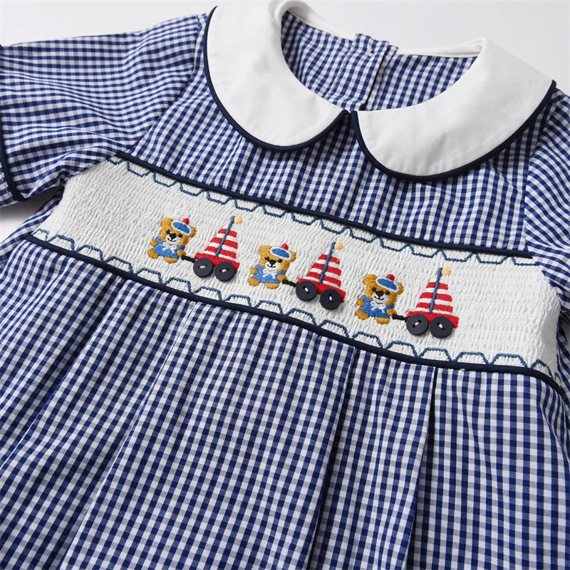 2024 Spanish Newborn Baby Boys Summer Rompers Kids Boutique Cartoon Handmade Embroidery Plaid Bodysuit Children Smocked Outfit