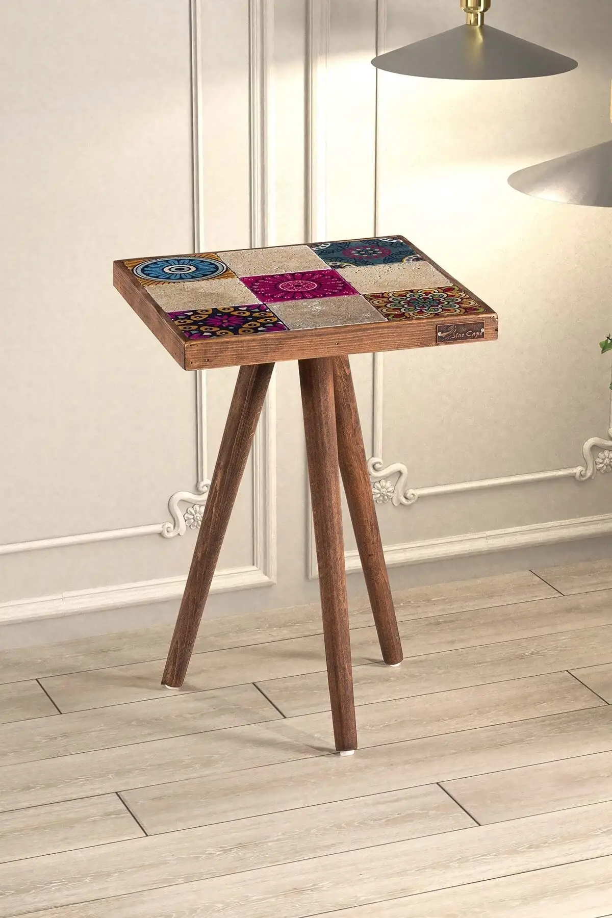 End Table Rustic Style Coffee Table First Quality  Travertine Stone Natural Wood 32x32cm Walnut Decorative Coffee Table