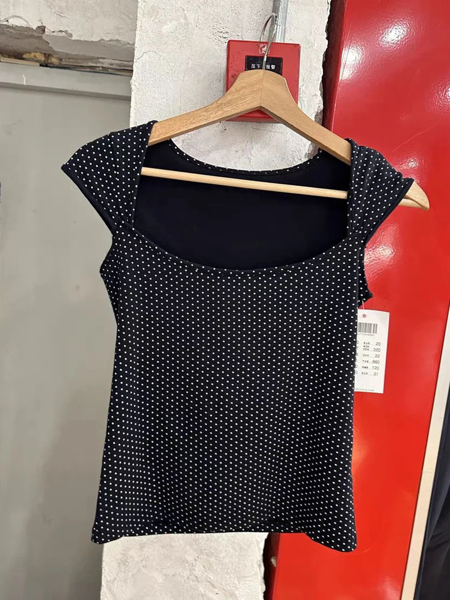 Dot Sleeveless Black Slim T-shirt Woman Summer Sexy Square Collar Cotton Tee Shirt Preppy Style Cute Streetwear Y2k Crop Tops