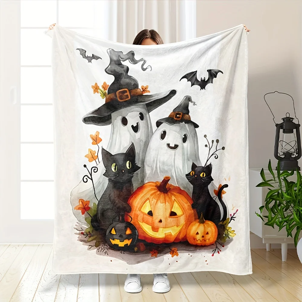 

1 шт. машинное моющееся одеяло с рисунками тыквы на Хэллоуин, призрака и черного кота для кровати, дивана, офиса и кемпинга