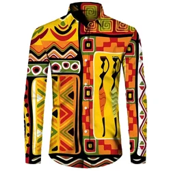 African Ethnic Pattern Hawaiian Shirts For Men Vintage 3D Print Aloha Shirts Fashion Casual Loose Long Sleeve Lapel Tops Blouse