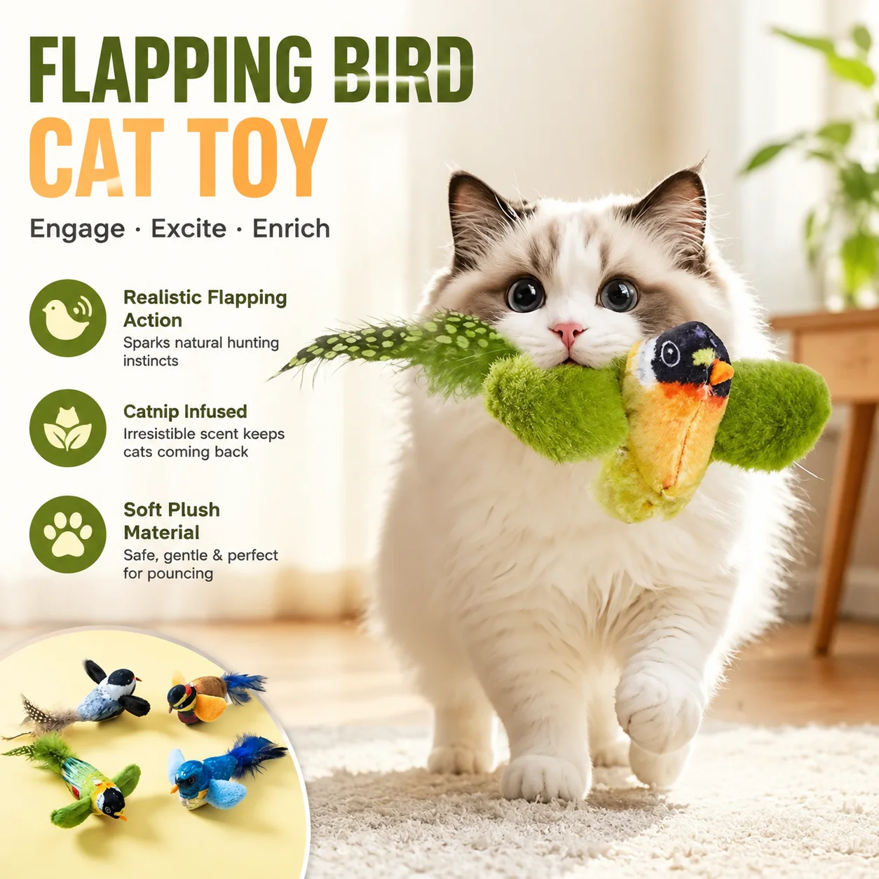 Interactive Cat Toy with Flapping Birds, Wall Hanging Teaser with Catnip, Indoor Chase & Play, Plush Material, Realistic Bird