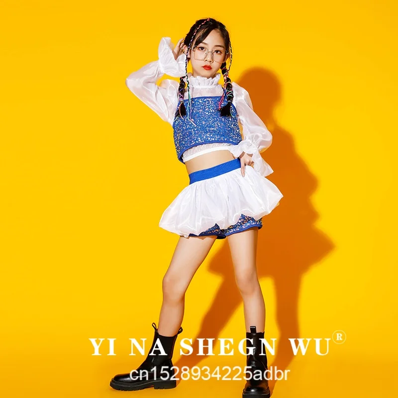 Kid Jazz Clothes Long Sleeve Tops Blue Sequin Vest HipHop Practice Clothing Girls Street Dance Stage Performance Costume