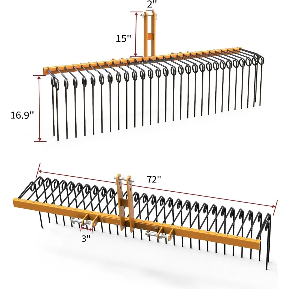 Durable Powder Coated Steel Pine Straw Rake Steel Spring Landscape Rake Attaches to Cat 0 Cat 1,3 Point Hitch for Tractor