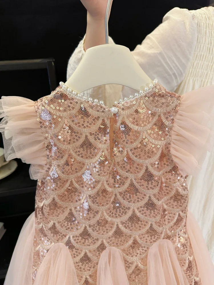 Mädchen Geburtstagsparty Prinzessinnenkleid O-Ausschnitt Trompetenärmel Paillettenbesetztes Mesh-Kleid für Bühnenauftritte Hochzeit S3069-2 – Detail 5