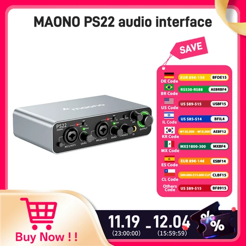 Interfaz de Audio USB MAONO-PS22 para PC, preamplificador profesional de 60dB, 24 bits, 192kHz, interfaz USB Dual para PC y teléfono inteligente, Software de enrutamiento para grabación en casa, producción musical, gui