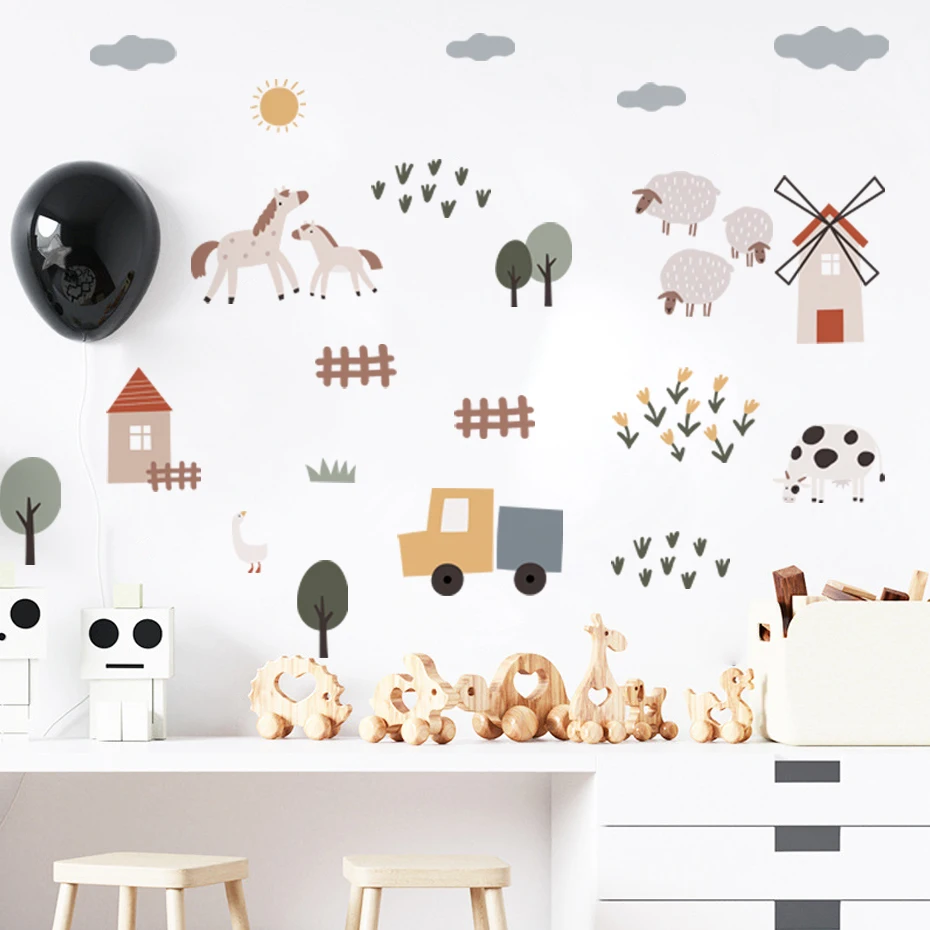 Boho Watercolor Cartoon Cows Farm Animal Car Vinyl Wall Sticker Removable Decals Kids Nursery Baby Bedroom Home Decor