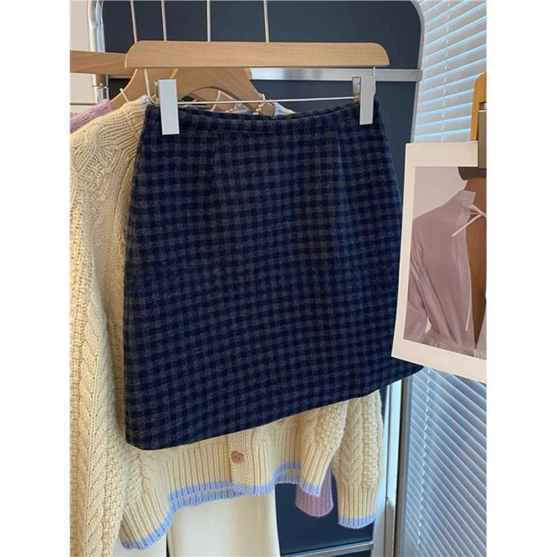 Fashionable Retro Plaid Woolen  Skirt High Waist Slimming A-Line Wrap Body Short Skirt Commute Korean Style with 