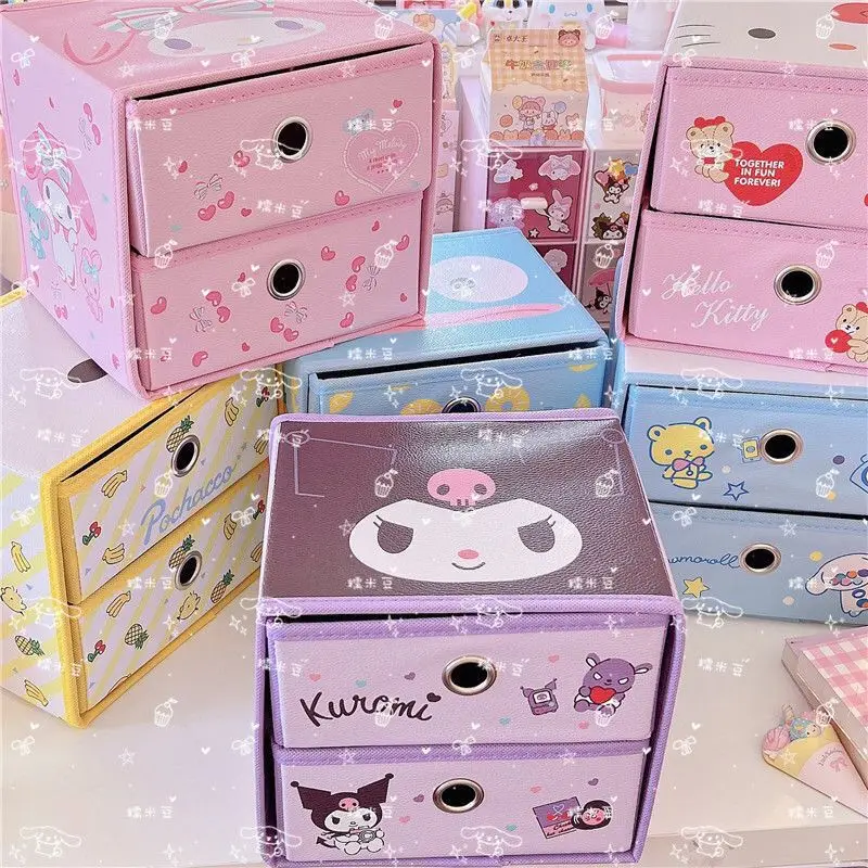 

Kawaii Sanrio Kuromi Double-layer Storage Box Cute Hello Kitty Cinnamoroll Foldable Miscellaneous Box Office Desktop Drawer Toys