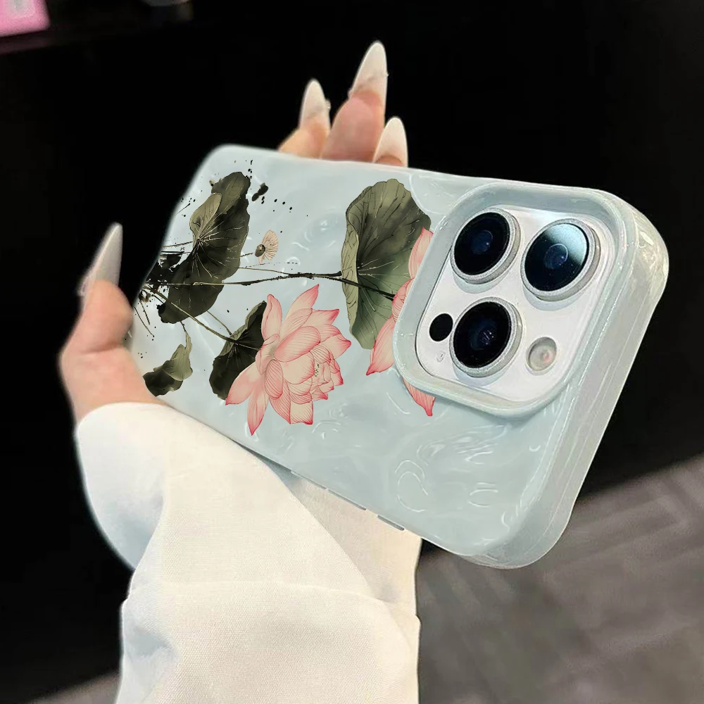 Koreanische Frühlingslotus-Druck-Handyhülle für iPhone 17 16 15 14 13 12 11 Pro Max 14 Plus 17Air Faltenwellen-Soft-Silikonhülle – Detail 1