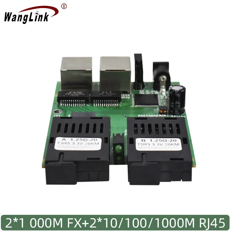 Wanglink Gigabit convertidor de medios de modo único 2 RJ45 UTP y 2 SC de fibra de puerto 3KM PCBA