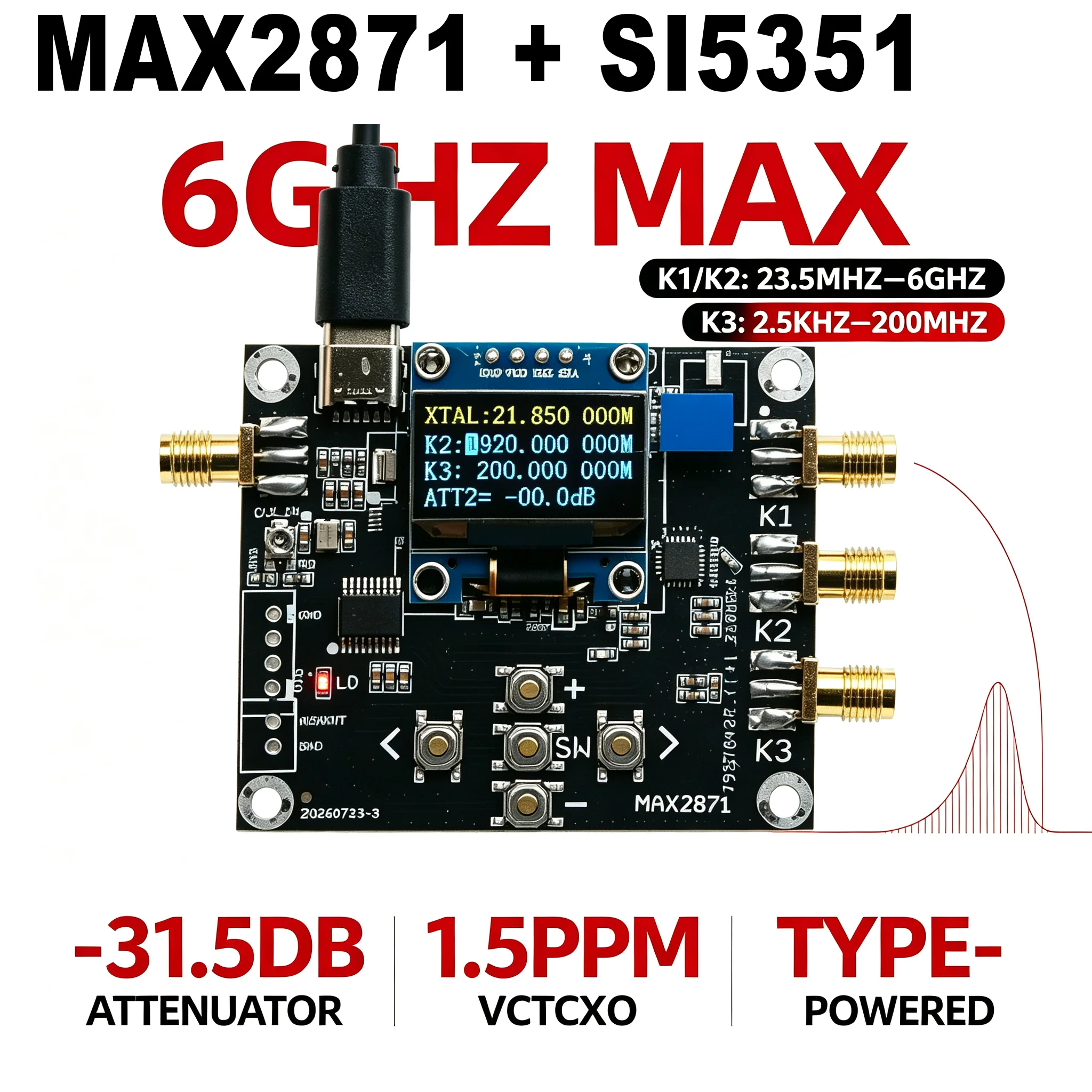 Image of MAX2871 2.5K-6GHz Signalgenerator Sinuswelle SI5351 Quadratwelle Uhrenquelle RF Digitaler Dämpfer FÜR Frequenzähler