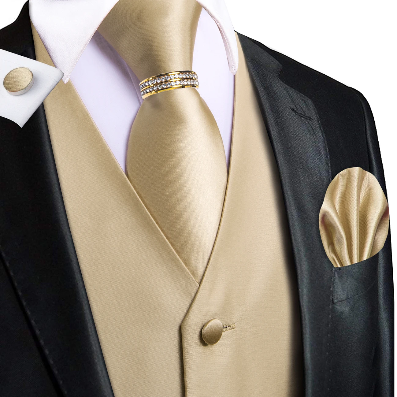 Light Gold Solid V-Neck Vest 5-In-1 Set Tie Square Cufflinks Ring For Prom Guest Ceremony