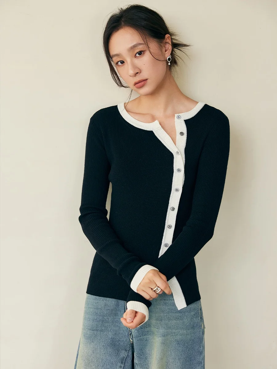 

JANEON Knitted Slim Fit Base irt Slant Collar Button Design Color Blo Slimming Effect Autumn Long Sve round Ne