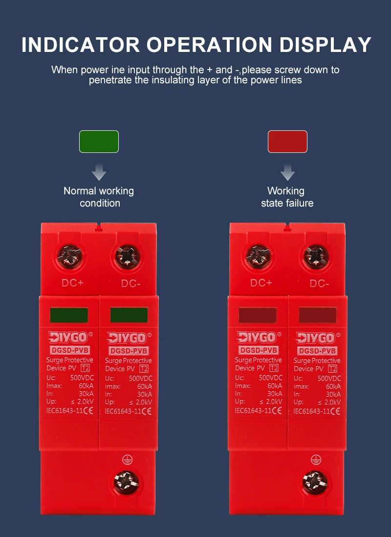 DC-Überspannungsschutzgerät 2P DIN-Schienen-Typ SPD 10kA~20kA 20kA~40kA 30kA~60kA 500V/600V/800V/1000V Blitzschutz-Ableiter – Detail 5