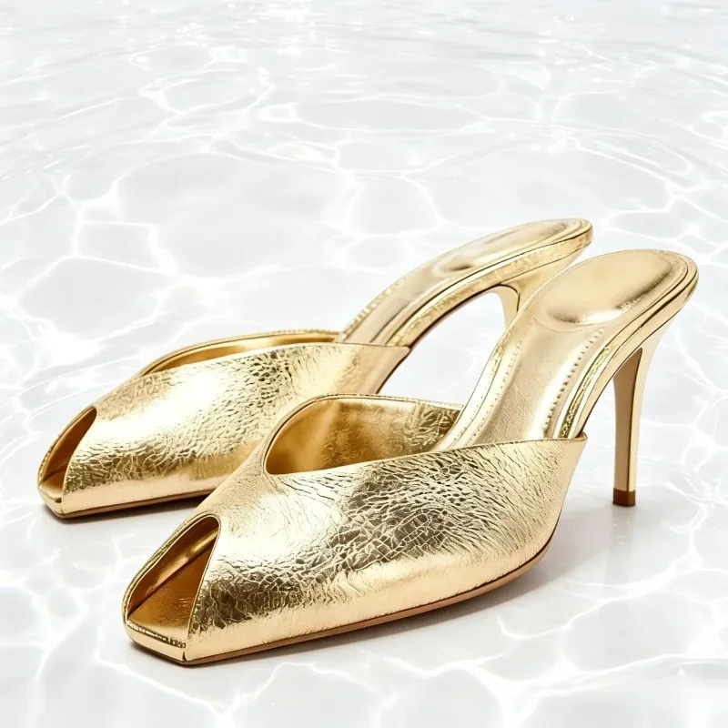 Gold Patent Leather Design Brand High Heel Slippers Women Sexy Peep Toe Slide Sandal Elegant Banquet Dress Shoe Zapatos De Mujer