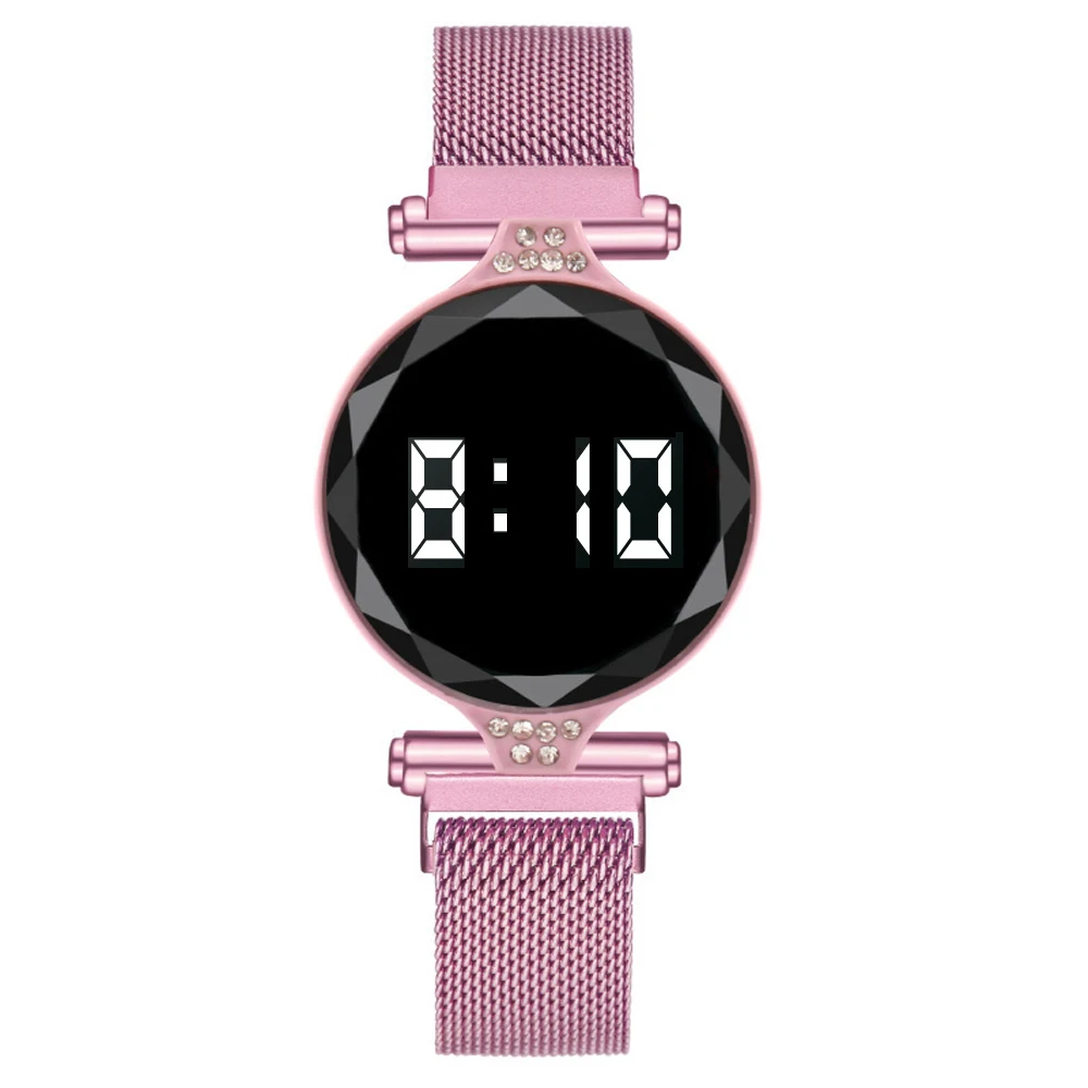 Relojes magnéticos digitales de lujo para mujer, reloj de pulsera de cuarzo LED de acero inoxidable de oro rosa, femenino